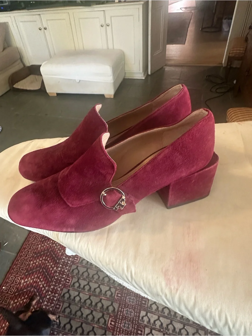Tory Burch Burgundy Velvet Block Heel Loafers with Gold Accent